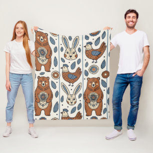Volkskunst Bär Kaninchen Huhn Nordischer Wald Deck Fleecedecke