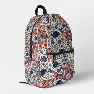 Volkskunst-Bären-Igel-Elch-Wald-Rucksack Bedruckter Rucksack