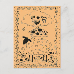 VOLKSKUNST BAUERNHOF TIERE SCHAF SCHWEIN HAHN Prim Postkarte