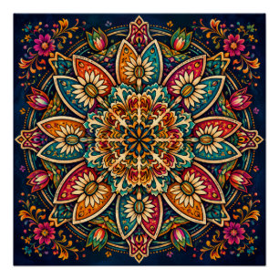 VOLKSKUNST BLUMENMANDALA KREISFÖRMIGES BOTANISCHES POSTER