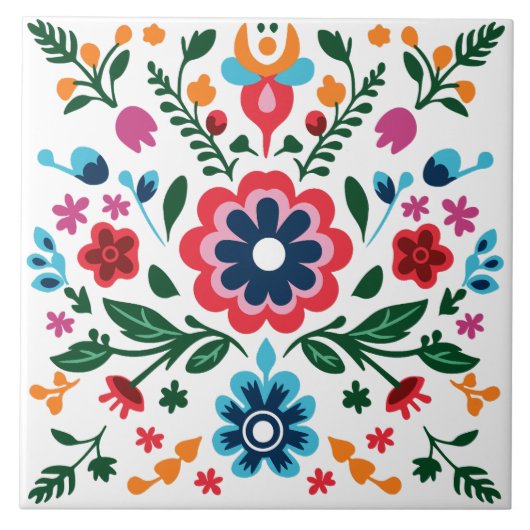 Volkskunst Blumiges Muster Farbenfrohe Blumen Fliese (Vorderseite)