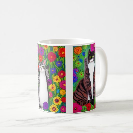 Volkskunst - farbenfrohe Katzen und Blume | AI Art Kaffeetasse (VorderseiteRechts)