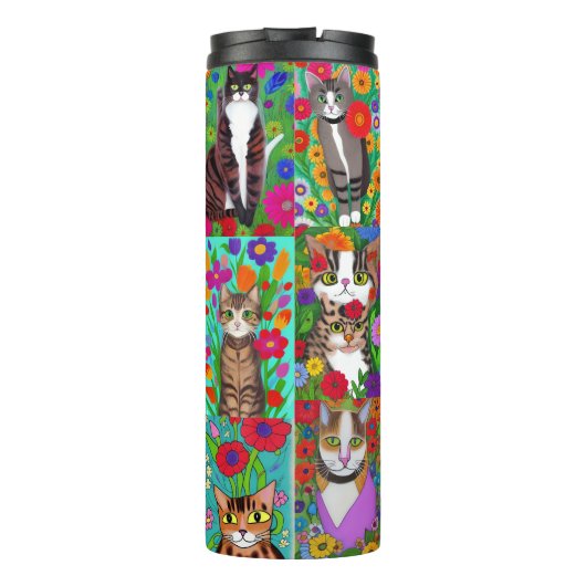 Volkskunst - farbenfrohe Katzen und Blume | AI Art Thermosbecher (Rückseite)