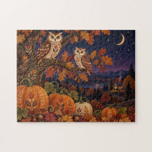 Volkskunst Herbstliche Eulen Kürbis Nacht Landscha Puzzle