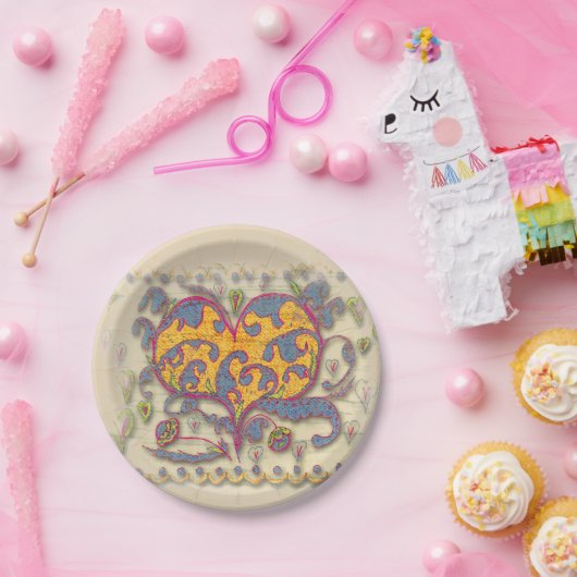 Volkskunst Herz mit Blätter und Blume Abendessen P Pappteller (Party)