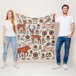 Volkskunst-Hirsch-Elch-Hase-Nordischer-Wald-Decke Fleecedecke