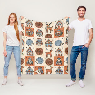 Volkskunst-Hirsch-Igel-Eule-Wald-Decke Fleecedecke