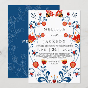 Volkskunst-Hochzeitseinladungen Blau und Rot Einladung