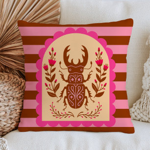 Volkskunst-Insektenillustration auf Streifen-Blume Kissen