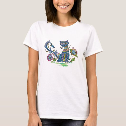 Volkskunst-Katze mit Haltung T-Shirt (Vorderseite)