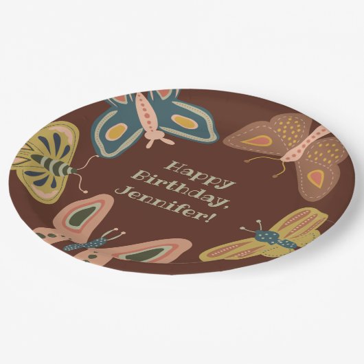 Volkskunst-Motten, Schmetterlinge Hübsch Brown Pappteller (Schrägansicht)