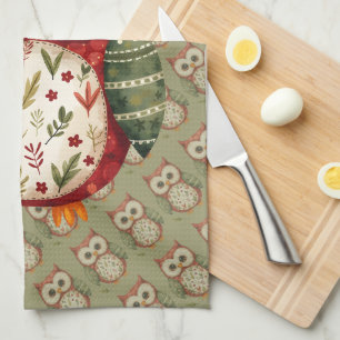 Volkskunst-Patchwork-Eule Cottagecore Geschirrtuch
