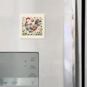 Volkskunst-Patchwork-Hahn mit floralen Akzenten Magnet