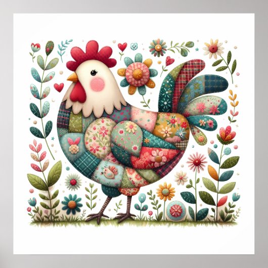 Volkskunst-Patchwork-Hahn mit floralen Akzenten Poster (Vorne)