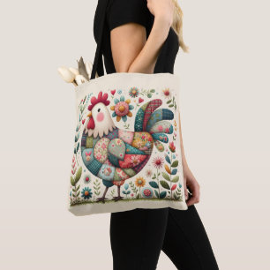Volkskunst-Patchwork-Hahn mit floralen Akzenten Tasche