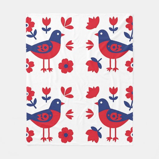 Volkskunst Rot Blau Vogel Blumenmuster Fleecedecke (Vorderseite)