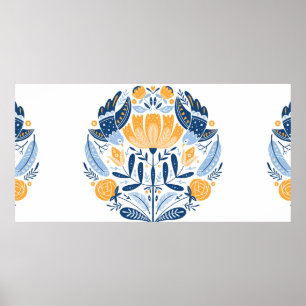 Volkskunst rund mit Vögeln, Rose und Blumen Poster