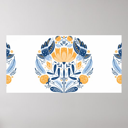 Volkskunst rund mit Vögeln, Rose und Blumen Poster (Vorne)