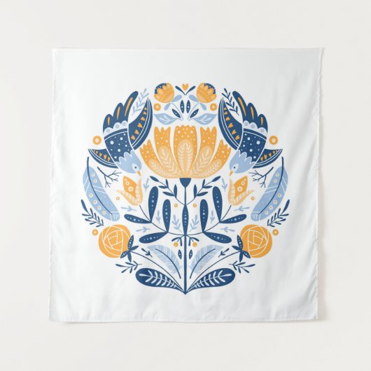 Volkskunst rund mit Vögeln, Rose und Blumen Wandteppich (Vorderseite)