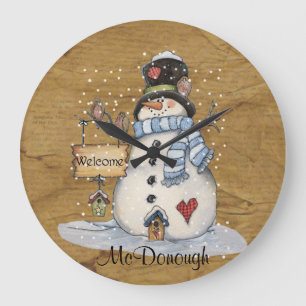 Volkskunst-Schneemann auf alter Zeitung Große Wanduhr