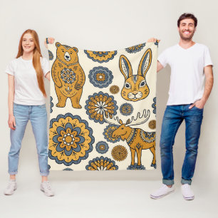 Volkskunst Skandinavischer Bär Kaninchen Elch Deck Fleecedecke