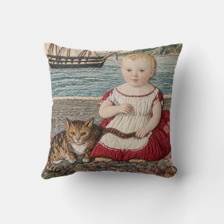 Volkskunst-Stichprobenszene Kind mit Katze Kissen