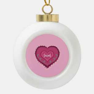 Volkskunst-Stil rosa Herz verzierter Weihnachtssch Keramik Kugel-Ornament
