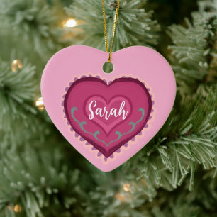 Volkskunst-Stil rosa Herz verzierter Weihnachtssch Keramik Ornament