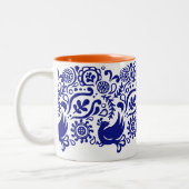 Volkskunst-Vogel-u. Blumen-Muster | blaue u. weiße Zweifarbige Tasse (Links)