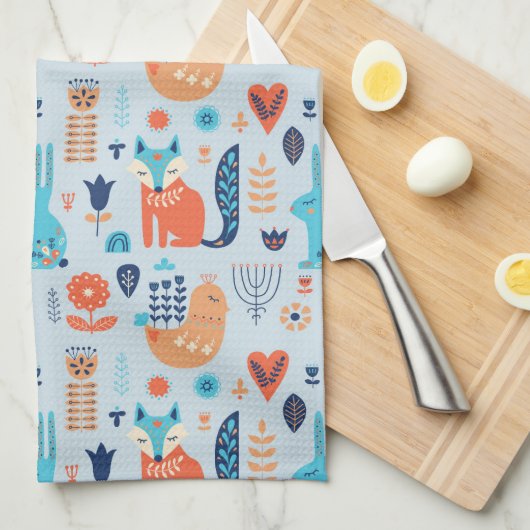 Volkskunst-Waldtier-Muster Geschirrtuch (Viertel Falte)