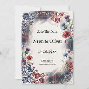 Volkskunst-Wildblumen-Tartan-Karte zur Vorabanzeig Save The Date
