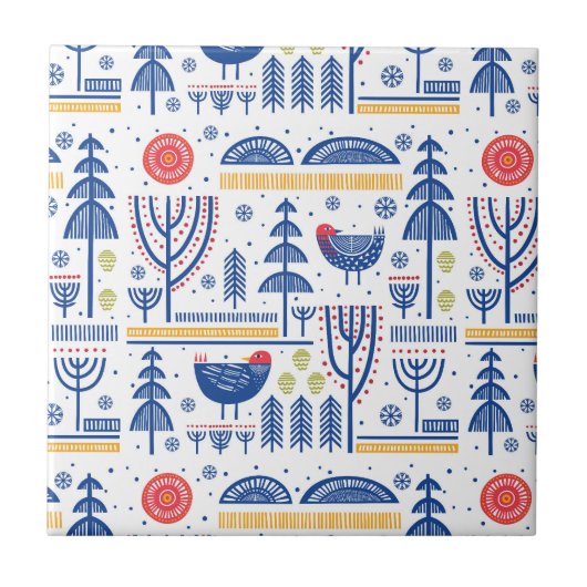 Volkskunst-Winter-Vogel-Muster Fliese (Vorderseite)