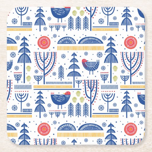 Volkskunst-Winter-Vogel-Muster Rechteckiger Pappuntersetzer (Vorderseite)