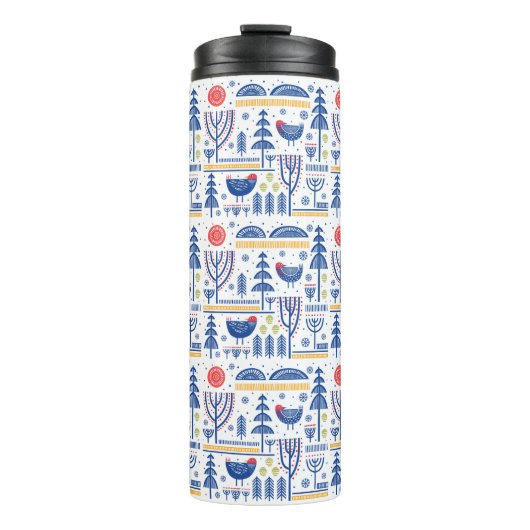 Volkskunst-Winter-Vogel-Muster Thermosbecher (Vorderseite)