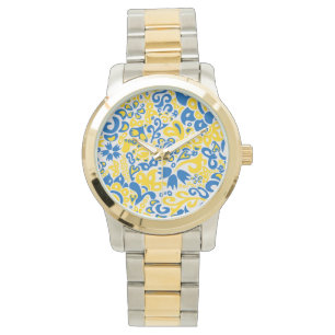 Volksmuster in den Farben der ukrainischen Flagge  Armbanduhr