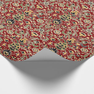 Volksstickerei-Gelb, Grün, schwarz auf tiefrotem Geschenkpapier