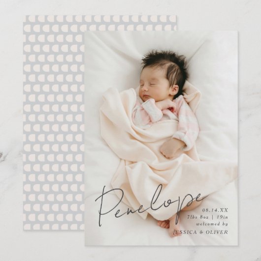 Vollblute, moderne kalligraphische Babyname Ankündigung (Vorne/Hinten)