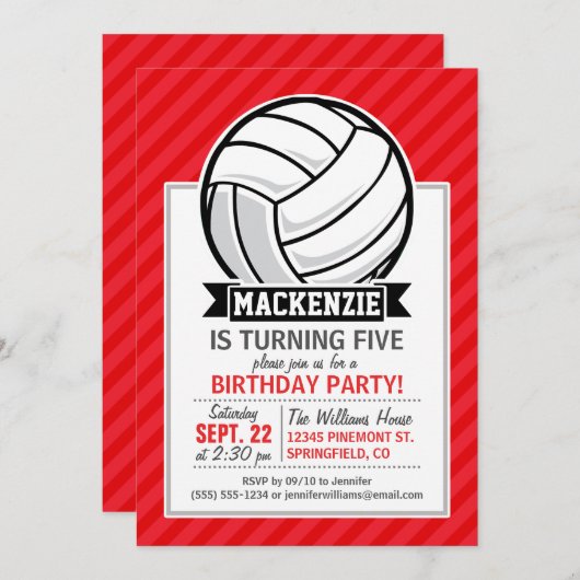 Volleyball auf roten Diagonalstreifen Einladung (Vorne/Hinten)