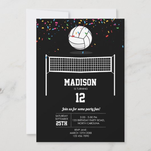 Volleyball Ball & Net Black Birthday Party Einladung (Vorderseite)