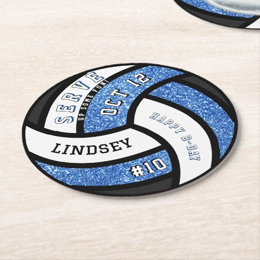 Volleyball Birthday Party Blue Glitzer Runder Pappuntersetzer (Angewinkelt)