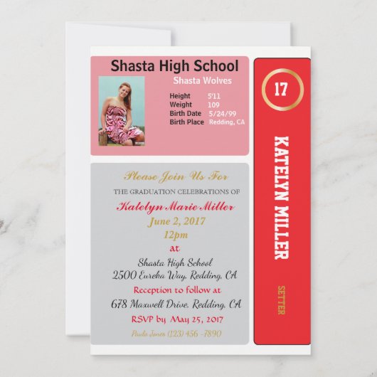 Volleyball Card W/ Stats Grad Einladungen - rot (Rückseite)