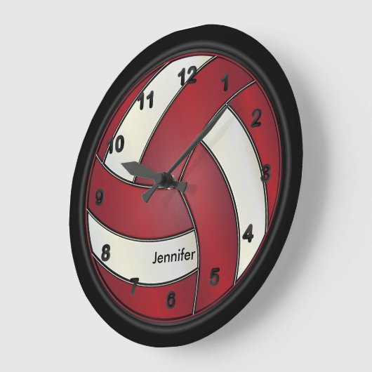 Volleyball | Dunkelrot und Weiß Große Wanduhr (Winkel)