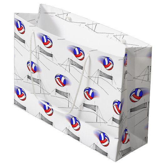 Volleyball fliegt über das Netz Große Geschenktüte (Vorderseite Schrägansicht)