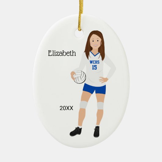 Volleyball Girl Brünett Blue & White Keramik Ornament (Vorne)