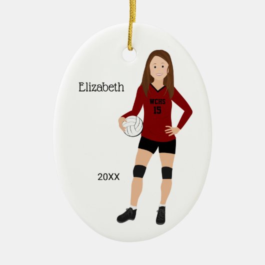 Volleyball Girl Brünett Red & Black Keramik Ornament (Vorne)