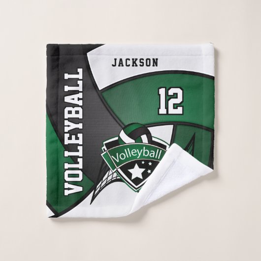 Volleyball in Dunkelgrün, Schwarz und Weiß Badhandtuch Set (Waschlappen)