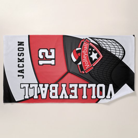 Volleyball in Rot, Schwarz und Weiß Strandtuch (Vorderseite)