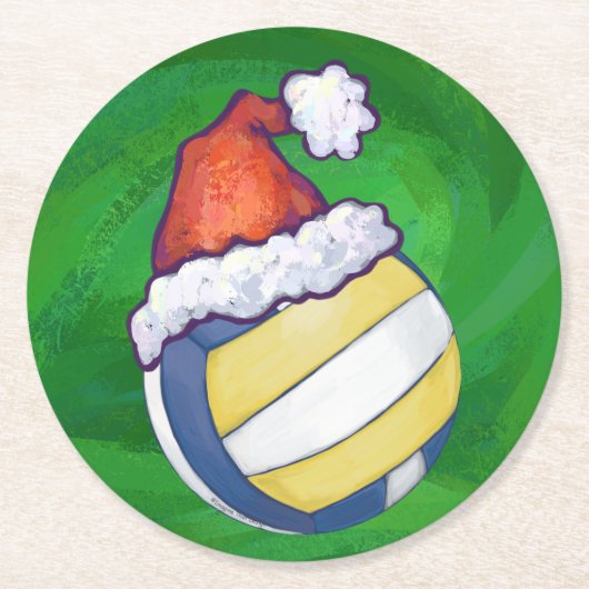 Volleyball mit Weihnachtshut Runder Pappuntersetzer (Vorderseite)