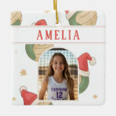 Volleyball Santa Hat Name Photo Christmas Keramikornament (Vorderseite)