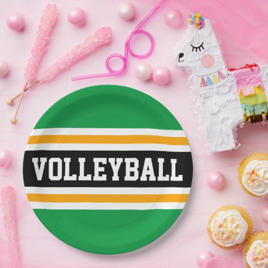 VOLLEYBALL Spaß Hellgrüne, schwarz-gelbe Streifen Pappteller (Party)